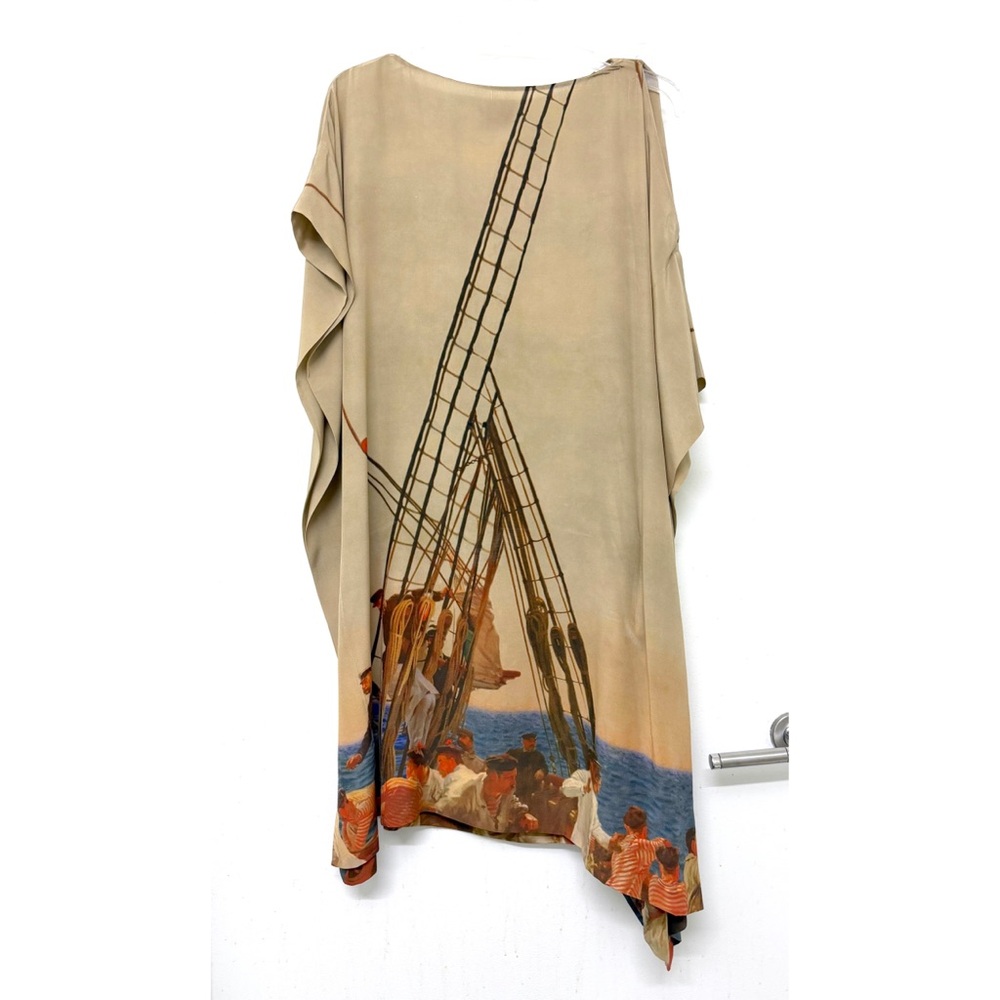 Akris Prince Albert Sailor Ship Print Silk Cape Caftan Dress Tan Beige 10